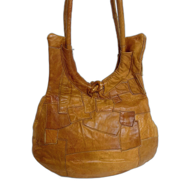 vintage Handbags - Vintage 70s Brown Leather Patchwork Boho Hippie Festival Shoulder Bag Hobo Bag